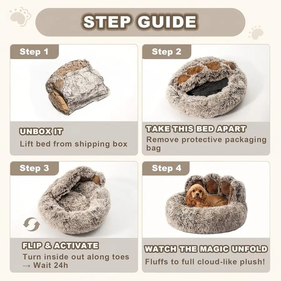 Plush Calming Pet Bed - Paw-Shaped Round Faux Fur, Anti-Slip, Washable, Ideal for Small to Medium Dogs and Cats