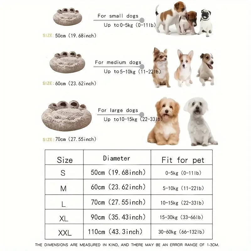Plush Calming Pet Bed - Paw-Shaped Round Faux Fur, Anti-Slip, Washable, Ideal for Small to Medium Dogs and Cats