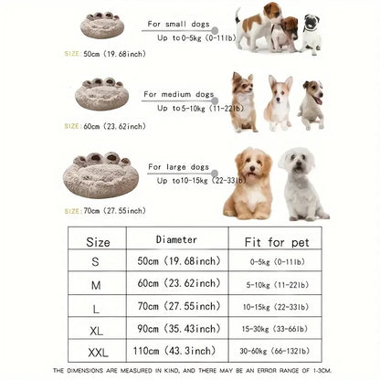 Plush Calming Pet Bed - Paw-Shaped Round Faux Fur, Anti-Slip, Washable, Ideal for Small to Medium Dogs and Cats