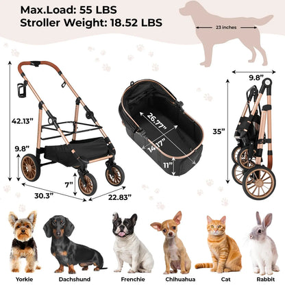 Liferun 3-in-1 All-Terrain Pet Stroller for Medium Dogs and Cats up to 55 lbs, Featuring Detachable Carrier, Rubber Wheels, One-Click Folding Mechanism, Storage Basket, and Cup Holder, Convertible for Senior Pets and Car Use