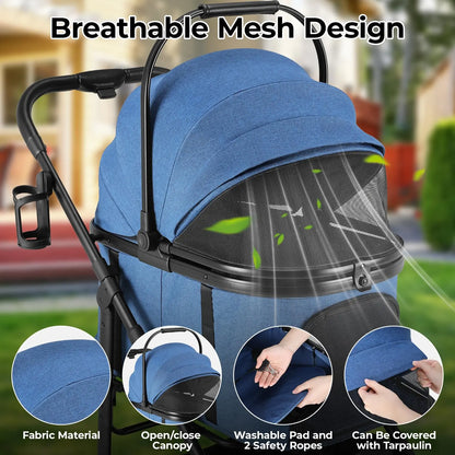 Liferun 3-in-1 All-Terrain Pet Stroller for Medium Dogs and Cats up to 55 lbs, Featuring Detachable Carrier, Rubber Wheels, One-Click Folding Mechanism, Storage Basket, and Cup Holder, Convertible for Senior Pets and Car Use