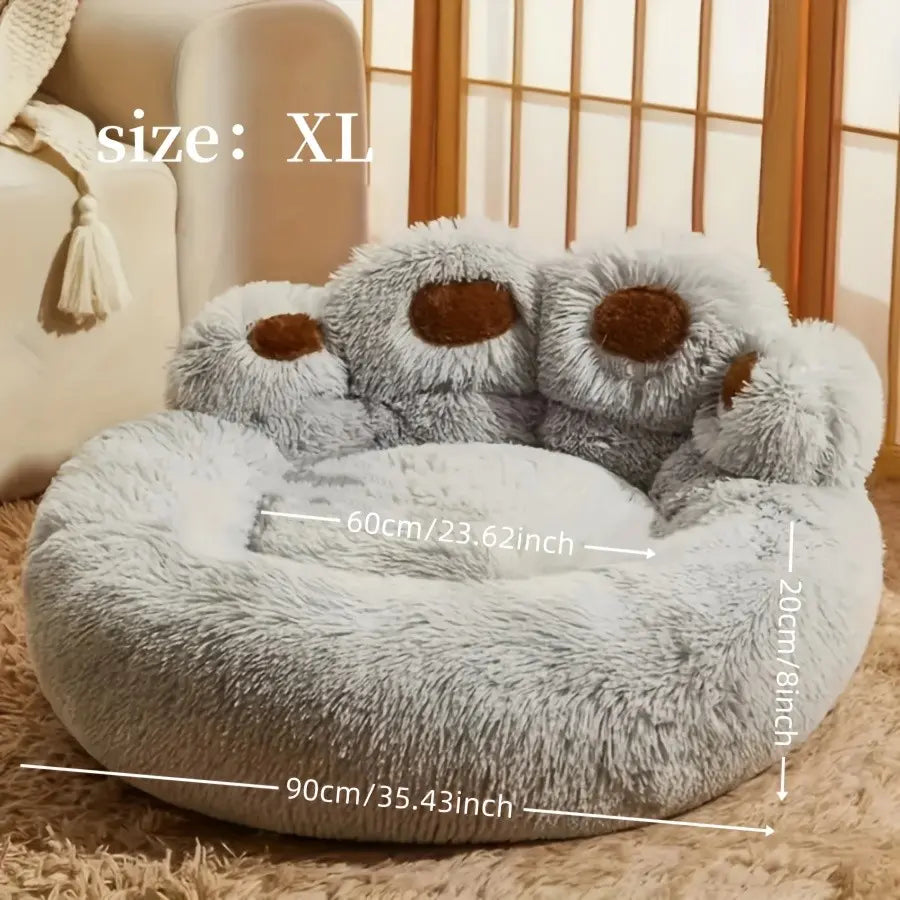 Plush Calming Pet Bed - Paw-Shaped Round Faux Fur, Anti-Slip, Washable, Ideal for Small to Medium Dogs and Cats