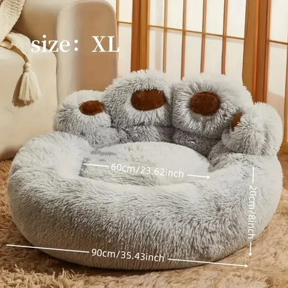 Plush Calming Pet Bed - Paw-Shaped Round Faux Fur, Anti-Slip, Washable, Ideal for Small to Medium Dogs and Cats