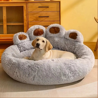 Plush Calming Pet Bed - Paw-Shaped Round Faux Fur, Anti-Slip, Washable, Ideal for Small to Medium Dogs and Cats