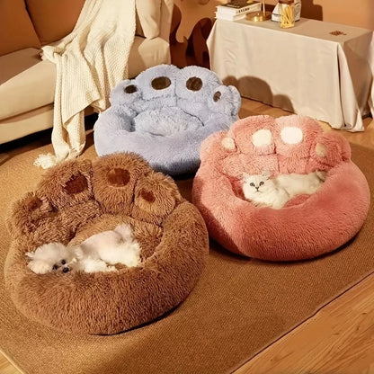 Plush Calming Pet Bed - Paw-Shaped Round Faux Fur, Anti-Slip, Washable, Ideal for Small to Medium Dogs and Cats