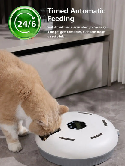6-Meal Automatic Cat Feeder for Apartments - Battery-Powered with Manual Timer, Rotating Feeding Tray, Easy-Clean Wet & Dry Dispenser, Includes 2 Ice Packs