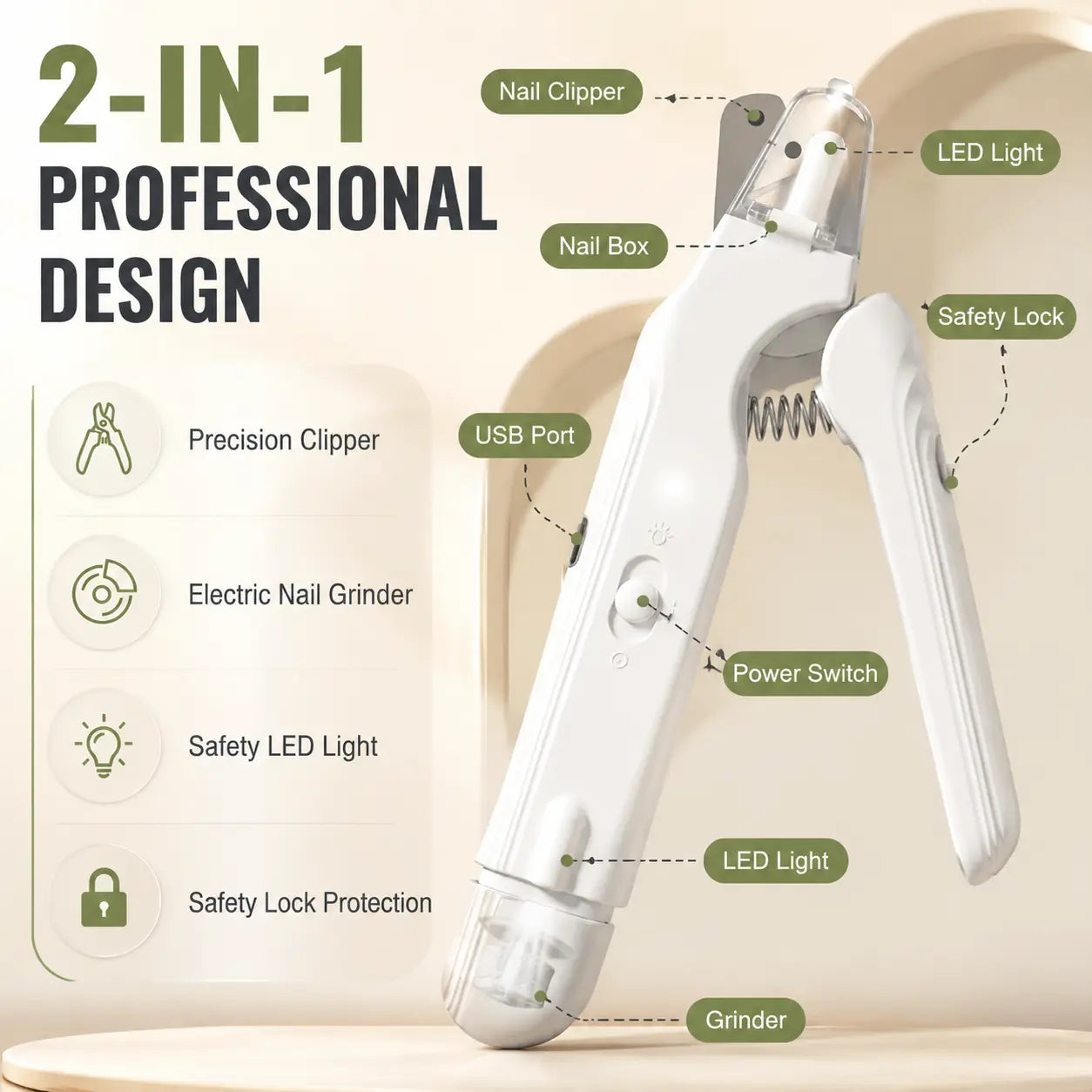 2-In-1 Dog Nail Grinder & Dog Nail Clippers Trimmers for Large Medium Small Dogs Cats Pets Claw Trimmer with LED Lights