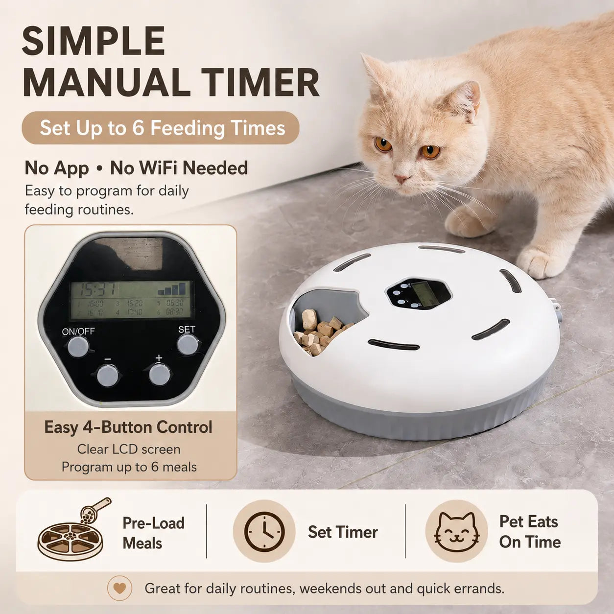 6-Meal Automatic Cat Feeder for Apartments - Battery-Powered with Manual Timer, Rotating Feeding Tray, Easy-Clean Wet & Dry Dispenser, Includes 2 Ice Packs