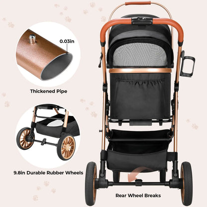 Liferun 3-in-1 All-Terrain Pet Stroller for Medium Dogs and Cats up to 55 lbs, Featuring Detachable Carrier, Rubber Wheels, One-Click Folding Mechanism, Storage Basket, and Cup Holder, Convertible for Senior Pets and Car Use