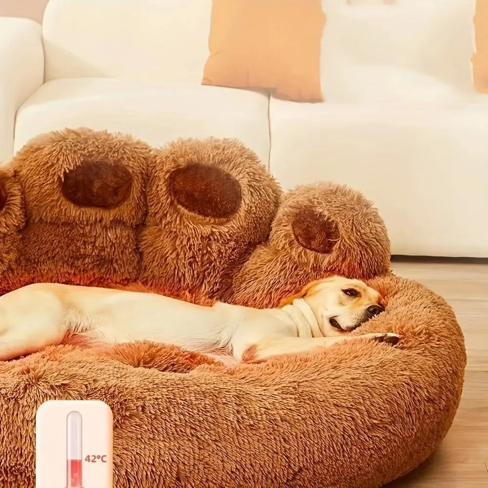 Plush Calming Pet Bed - Paw-Shaped Round Faux Fur, Anti-Slip, Washable, Ideal for Small to Medium Dogs and Cats