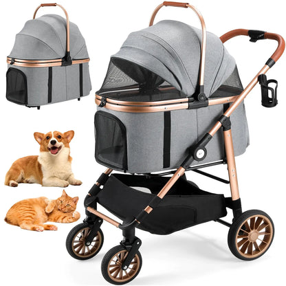 Liferun 3-in-1 All-Terrain Pet Stroller for Medium Dogs and Cats up to 55 lbs, Featuring Detachable Carrier, Rubber Wheels, One-Click Folding Mechanism, Storage Basket, and Cup Holder, Convertible for Senior Pets and Car Use