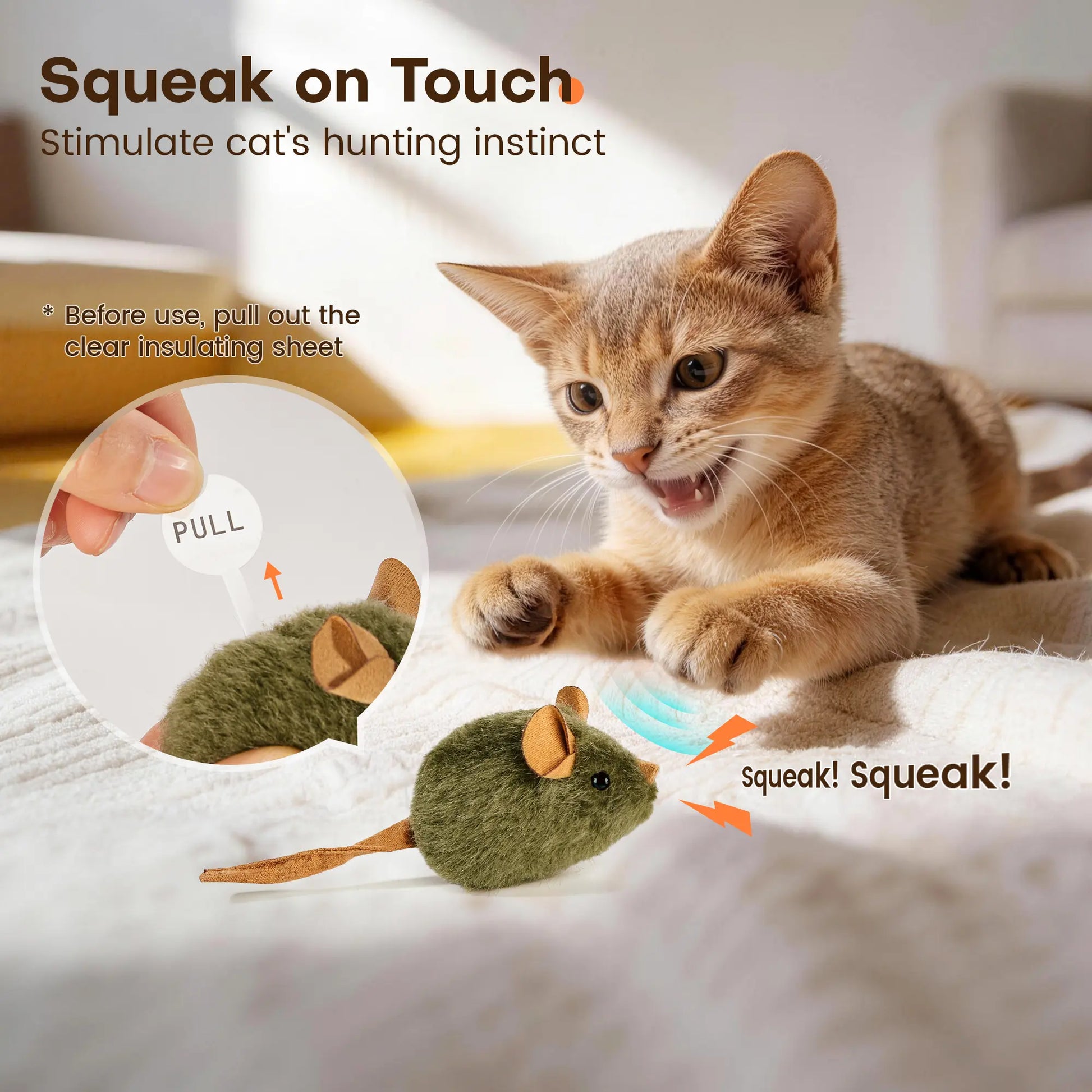 Potaroma 3-Pack Lifelike Squeak Mouse Shape Cat Toys - 3-Pieces Interactive Chewable Enrichment Toys for Kittens, Supports Active Play, Mental Stimulation & Healthy Indoor Kitty Habits, Soft Plush