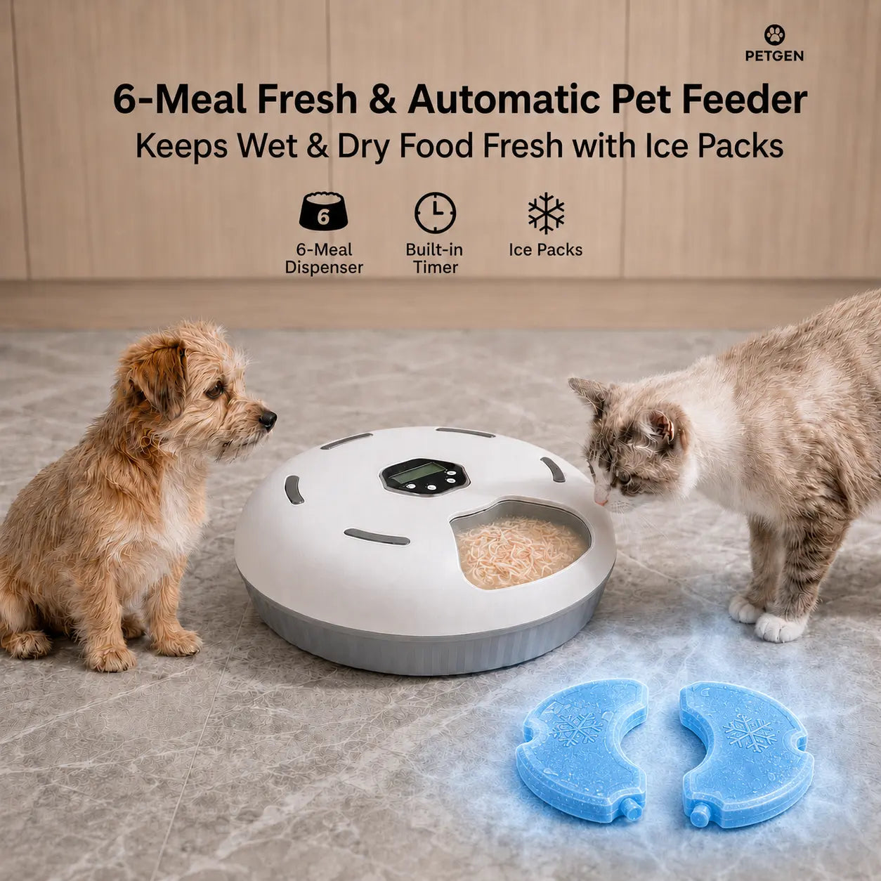 6-Meal Automatic Cat Feeder for Apartments - Battery-Powered with Manual Timer, Rotating Feeding Tray, Easy-Clean Wet & Dry Dispenser, Includes 2 Ice Packs