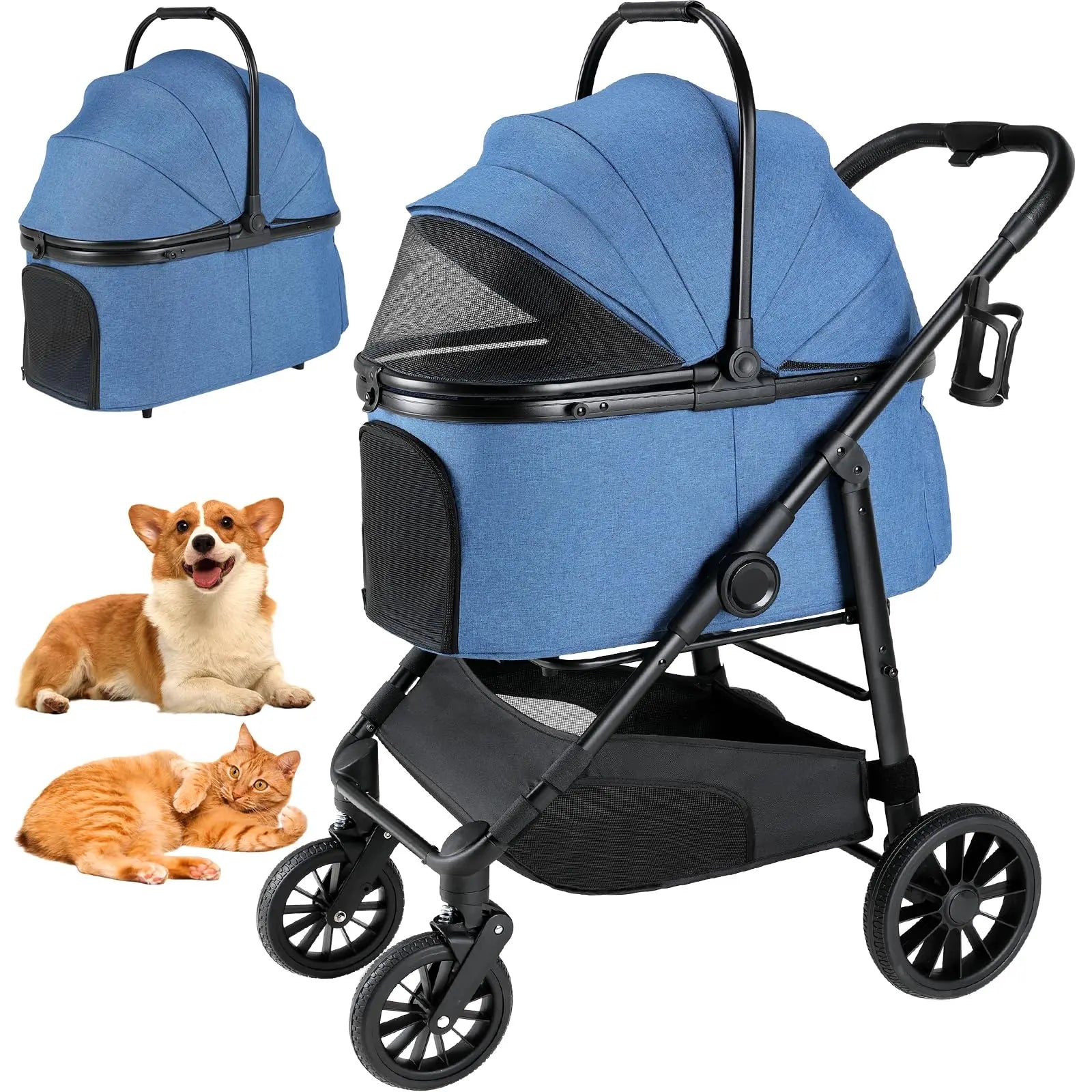 Liferun 3-in-1 All-Terrain Pet Stroller for Medium Dogs and Cats up to 55 lbs, Featuring Detachable Carrier, Rubber Wheels, One-Click Folding Mechanism, Storage Basket, and Cup Holder, Convertible for Senior Pets and Car Use