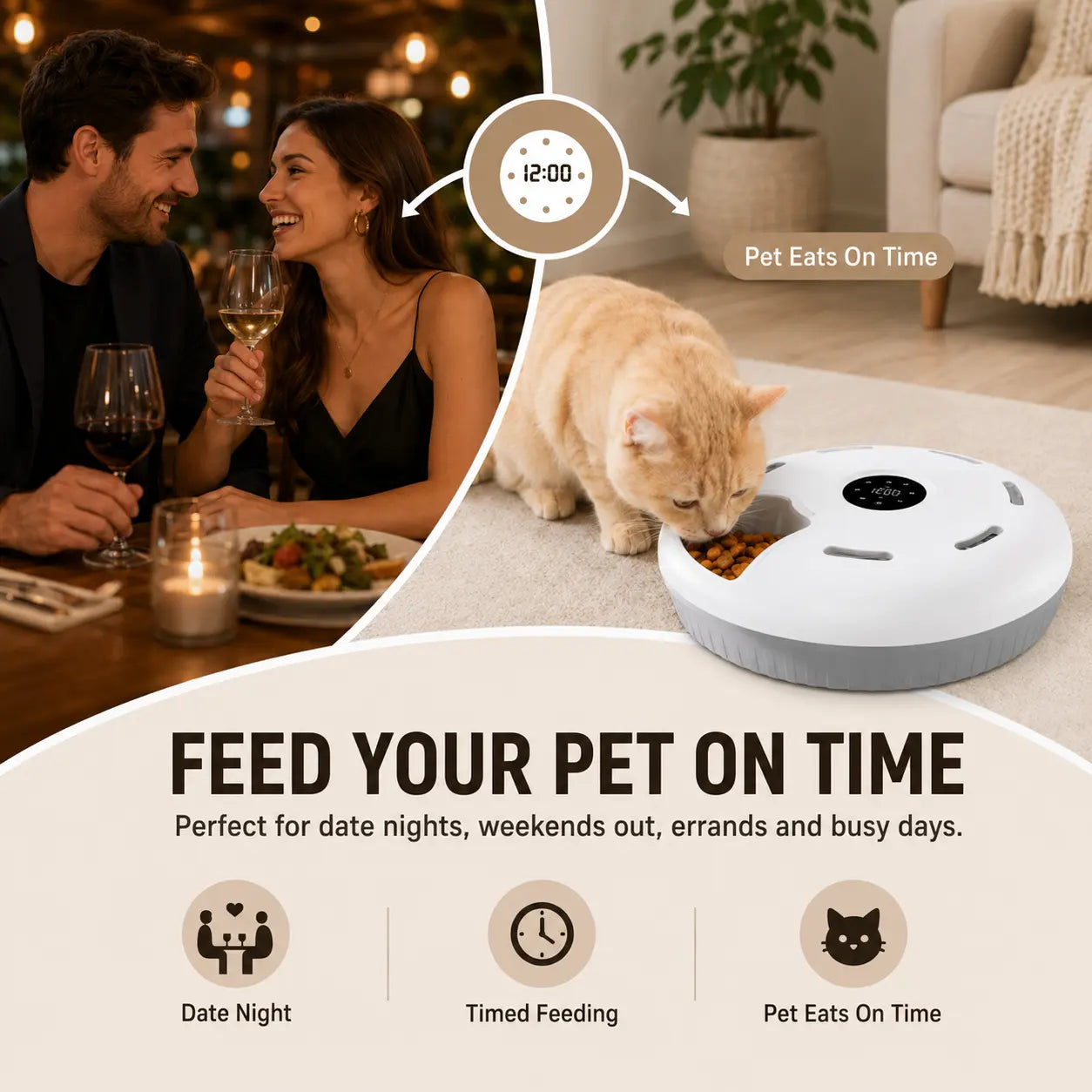 6-Meal Automatic Cat Feeder for Apartments - Battery-Powered with Manual Timer, Rotating Feeding Tray, Easy-Clean Wet & Dry Dispenser, Includes 2 Ice Packs
