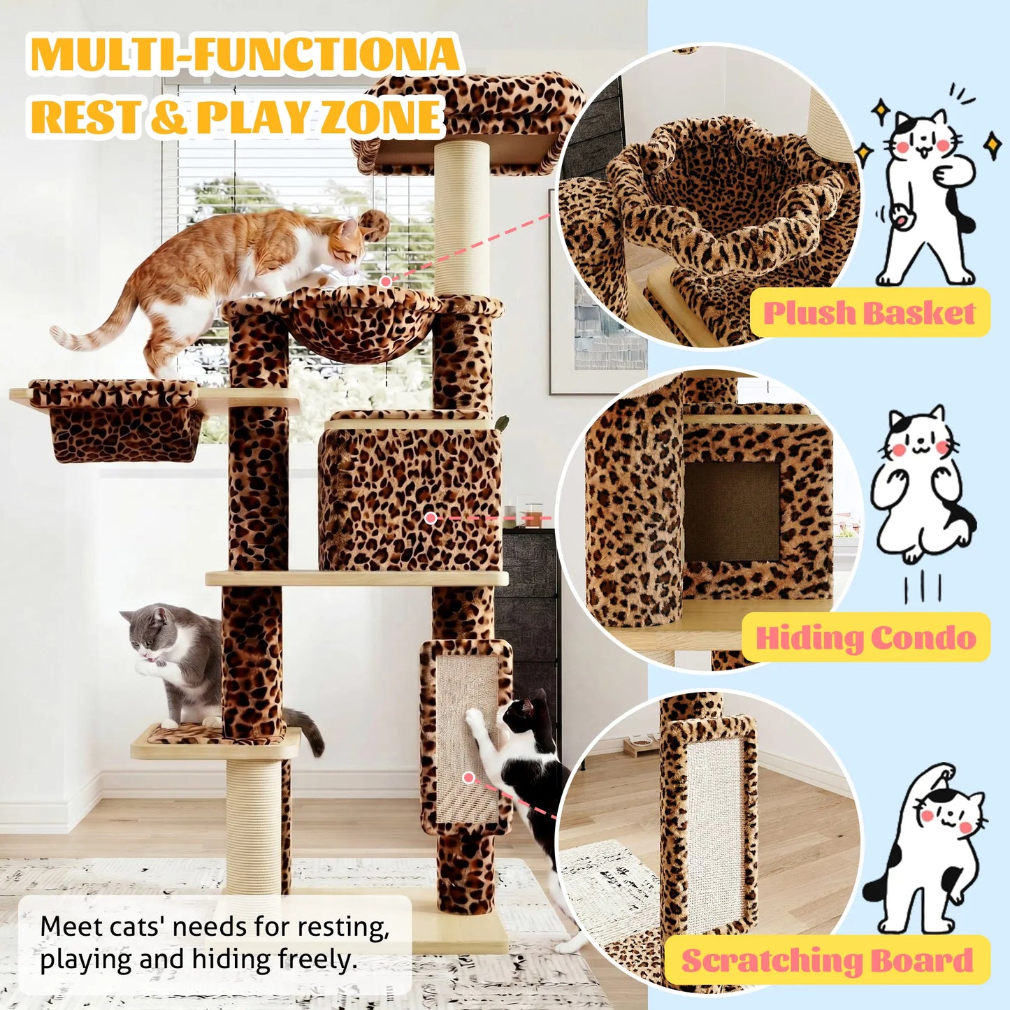 HOOMIC 77" Cat Tree, Ultra-Soft Plush with Thick Scratching Poles, Removable Hammock & Condo, Waterproof Wood Base，Beige & Leopard Print#Tiktokshopdealsforyoudays#Dealsforyoudays#Summervibes#Summergarden