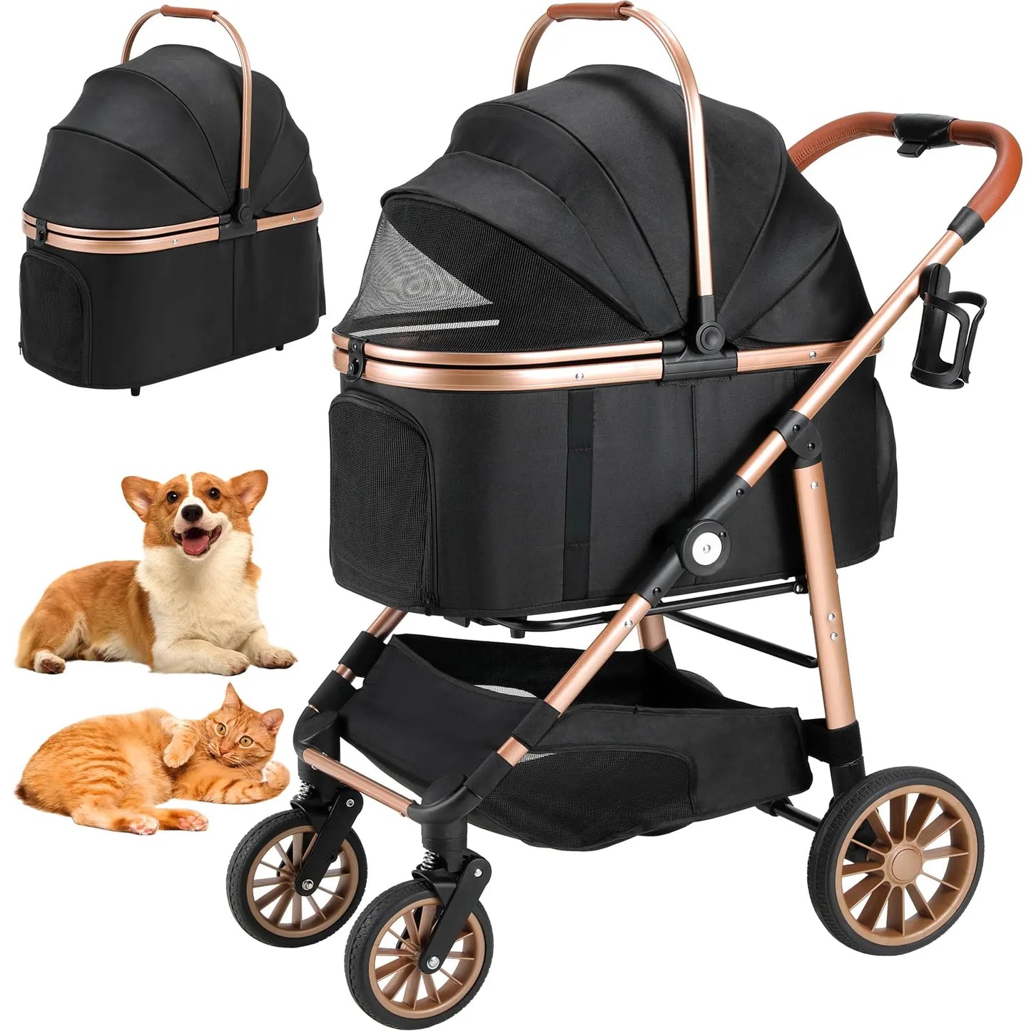 Liferun 3-in-1 All-Terrain Pet Stroller for Medium Dogs and Cats up to 55 lbs, Featuring Detachable Carrier, Rubber Wheels, One-Click Folding Mechanism, Storage Basket, and Cup Holder, Convertible for Senior Pets and Car Use