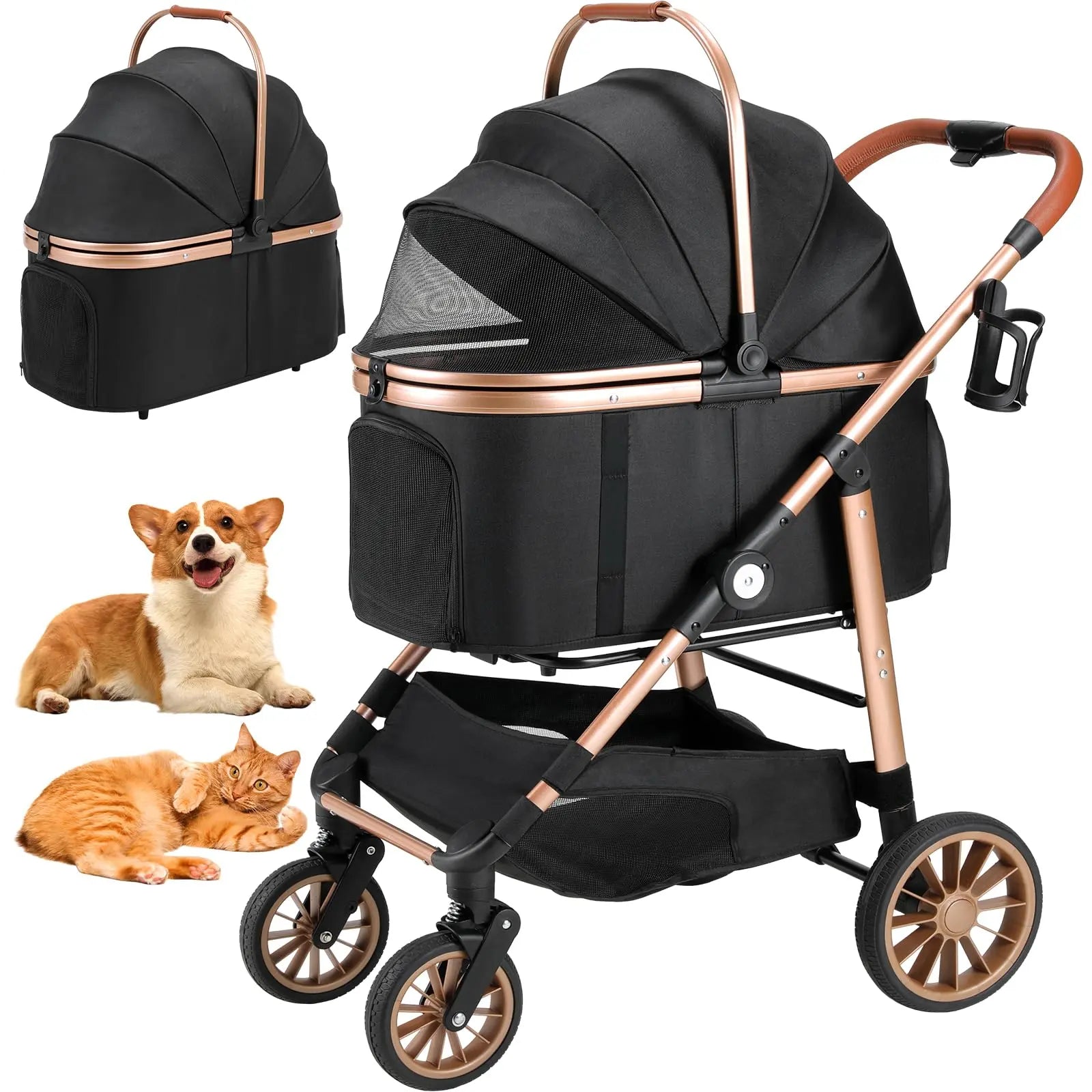 Liferun 3-in-1 All-Terrain Pet Stroller for Medium Dogs and Cats up to 55 lbs, Featuring Detachable Carrier, Rubber Wheels, One-Click Folding Mechanism, Storage Basket, and Cup Holder, Convertible for Senior Pets and Car Use