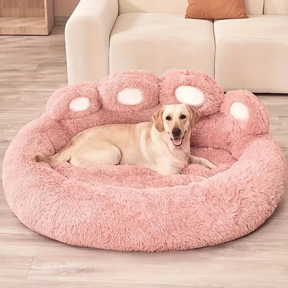 Plush Calming Pet Bed - Paw-Shaped Round Faux Fur, Anti-Slip, Washable, Ideal for Small to Medium Dogs and Cats