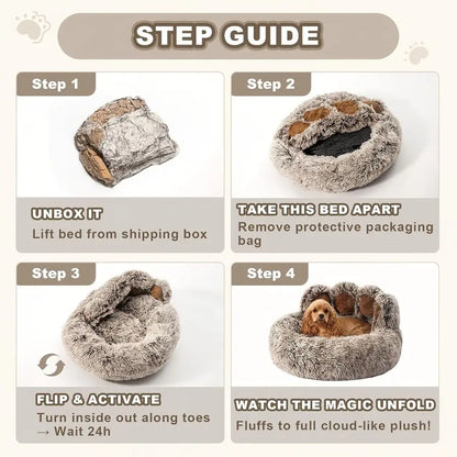 Plush Calming Pet Bed - Paw-Shaped Round Faux Fur, Anti-Slip, Washable, Ideal for Small to Medium Dogs and Cats