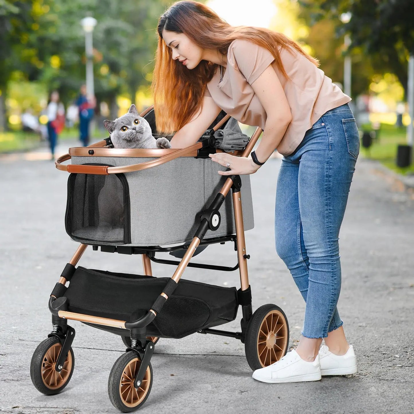 Liferun 3-in-1 All-Terrain Pet Stroller for Medium Dogs and Cats up to 55 lbs, Featuring Detachable Carrier, Rubber Wheels, One-Click Folding Mechanism, Storage Basket, and Cup Holder, Convertible for Senior Pets and Car Use