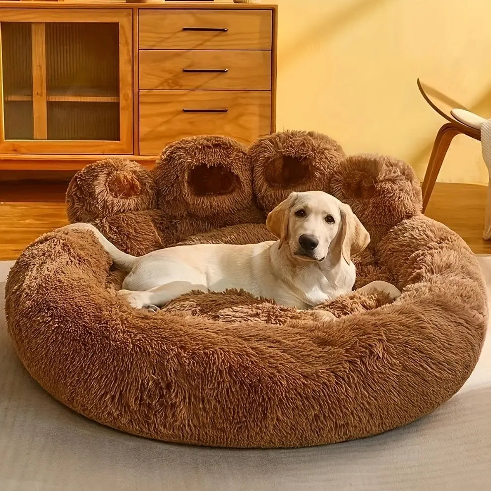 Plush Calming Pet Bed - Paw-Shaped Round Faux Fur, Anti-Slip, Washable, Ideal for Small to Medium Dogs and Cats